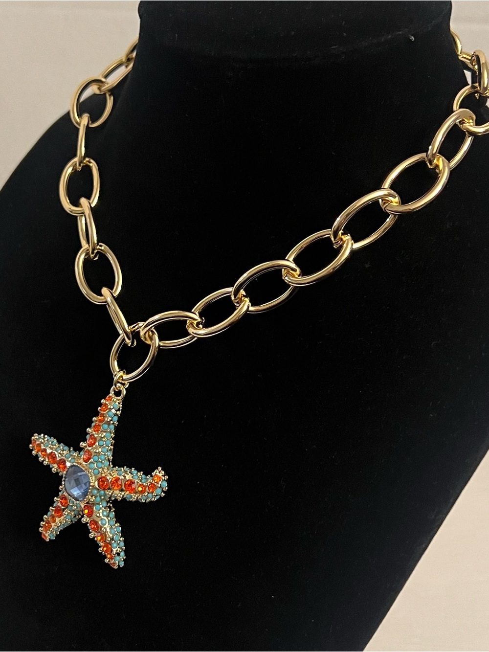 Betsey Johnson Gold-Tone Chain Necklace with Orange & Aqua Starfish Pendant - Picture 9 of 16
